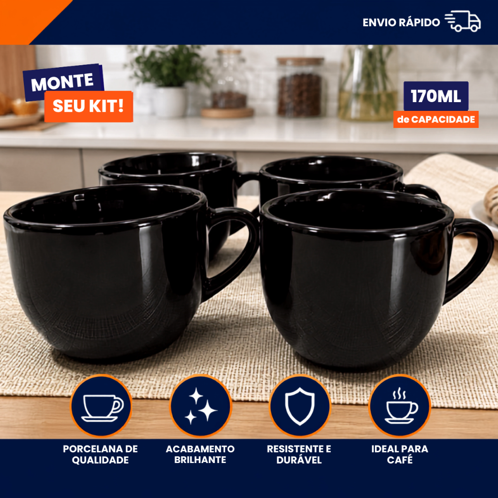Kit Xícara Café Chá Porcelana Preta 170ml Lisa Chicara Hotel Cafeteria Buffet