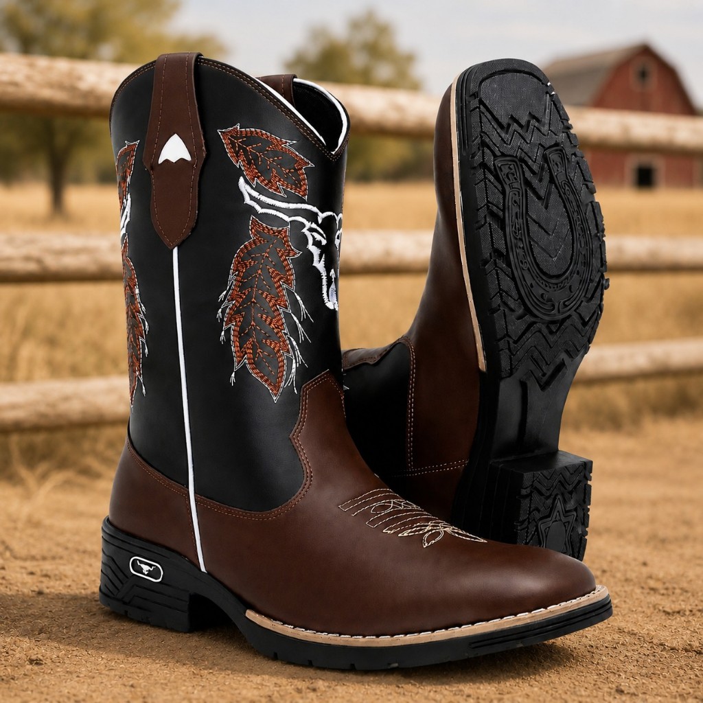 Bota Texana Masculina Country Bordada Bico Quadrado Estilo Rodeio Premium