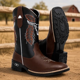 Bota Texana Masculina Country Bordada Bico Quadrado Estilo Rodeio Premium