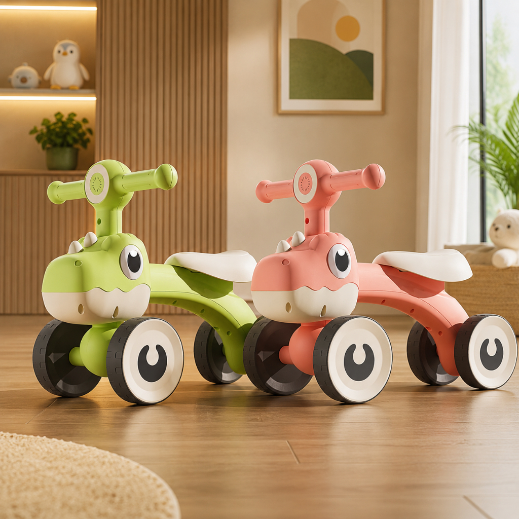 Bicicleta De Equilíbrio Dinossauro Bike Infantil Luzes 4 Rodas Sem Pedal Verde e Marrom Bebê