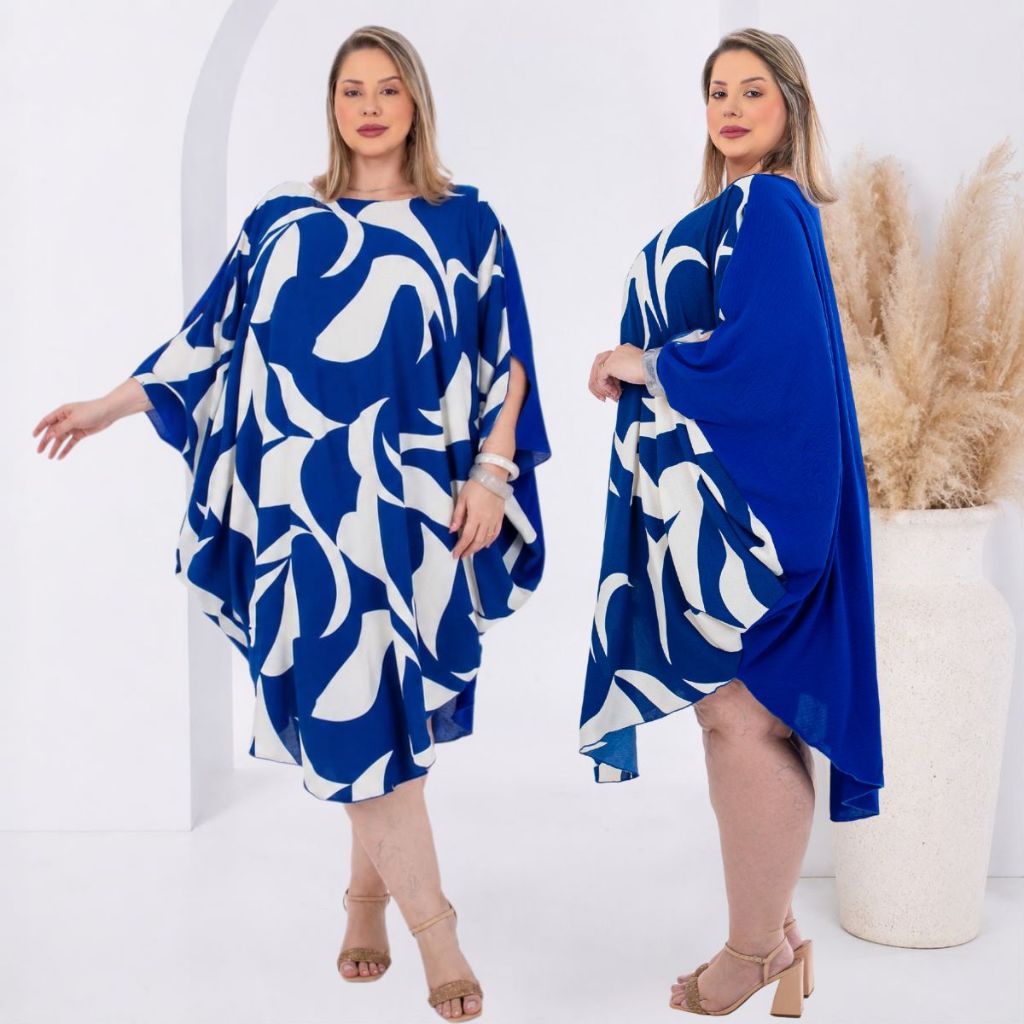 Vestido Kaftan Feminino Plus Size Manga Morcego Estampado Dunas Curto Soltinho Confortável Casual