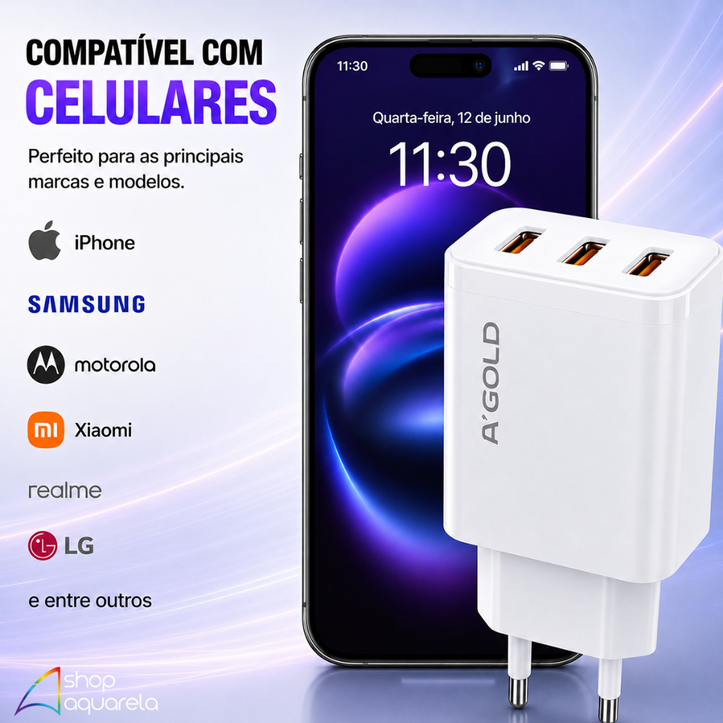 Carregador Celular Fonte USB 3 Entradas + Cabo Carregador 2 Metros iPhone Android V8 Tipo C · foto 2