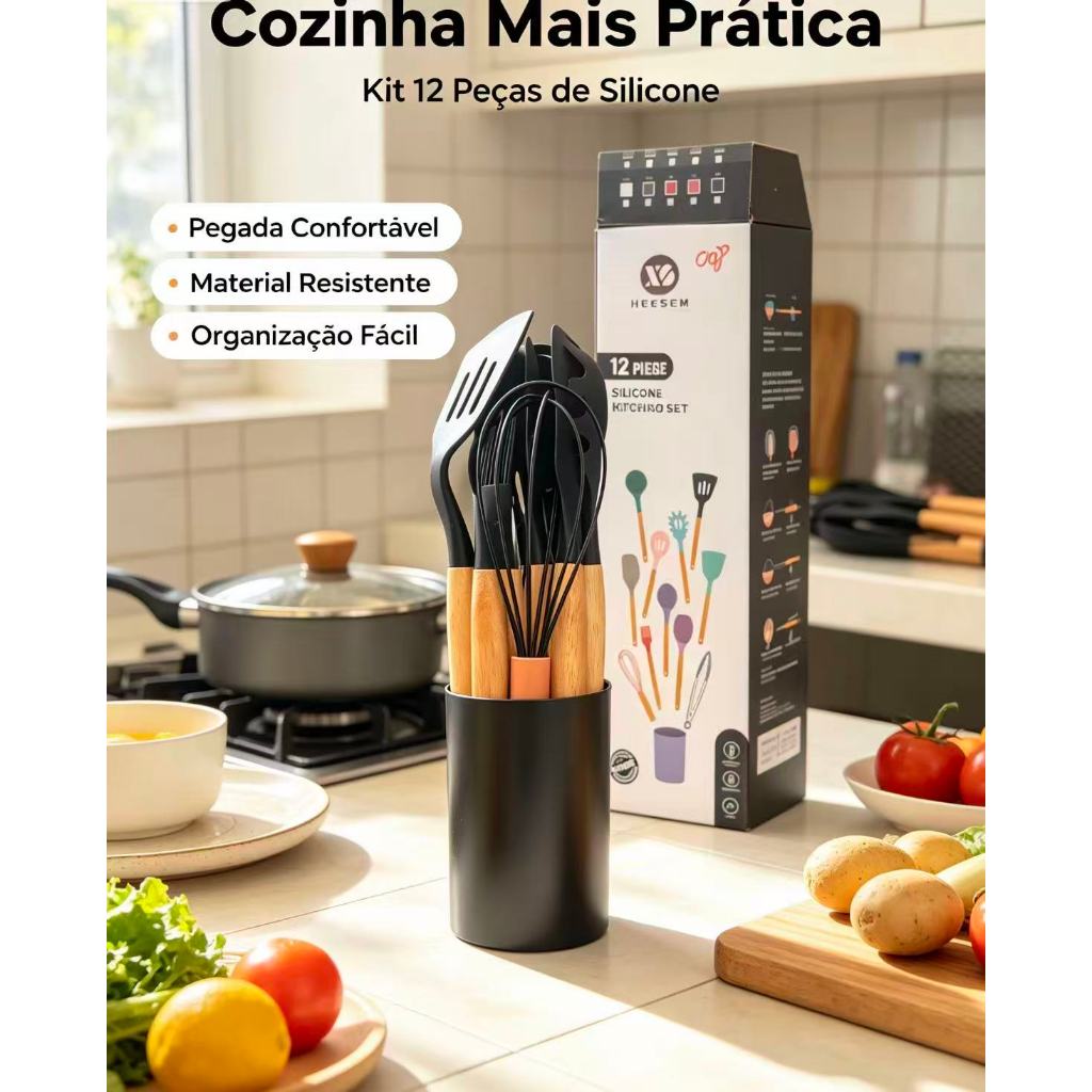 Kit 12 Peças Utensílios de Cozinha Heesem Silicone Cabo Madeira Livre de BPA Resistente ao Calor