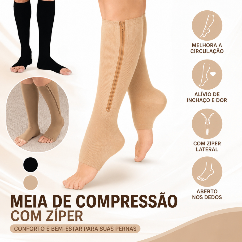 Meia de Compressão 3/4 Com Zíper Varizes Pernas Cansadas Inchaço Dores