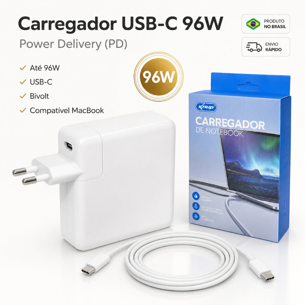 Carregador USB-C 96W PD Para MacBook Air Pro M1 M2 Notebook Tipo-C Bivolt