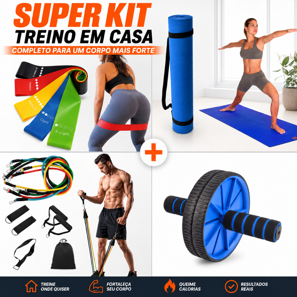 Super Kit Treine Em Casa Kit 5 Faixas Mini Band Elástico Extensor 11 Peças Roda Tapete Yoga Pilates Fitness
