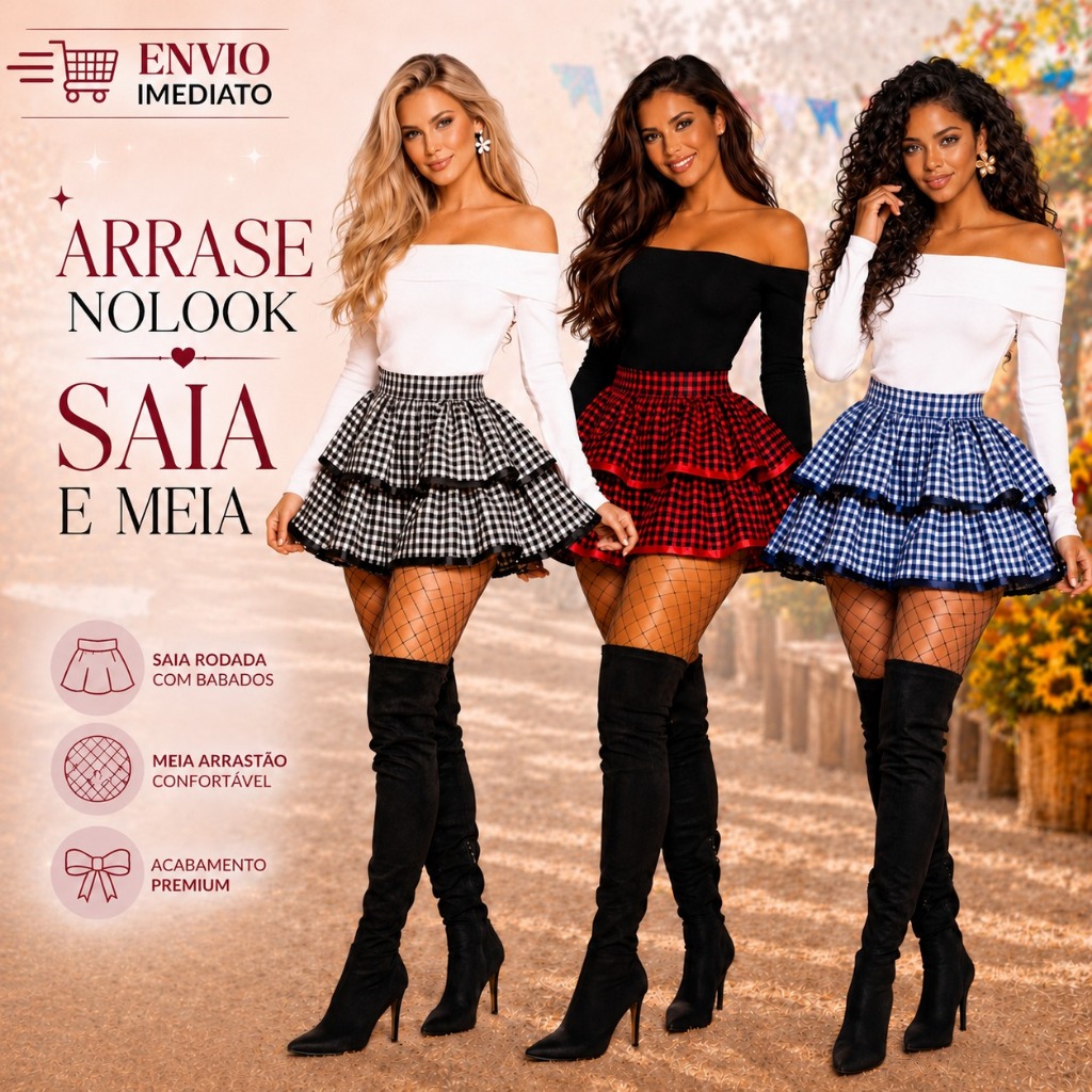 Kit Saia De Caipira Dois Babados Fantasia de Festa Junina Adulto + Meia Arrastão