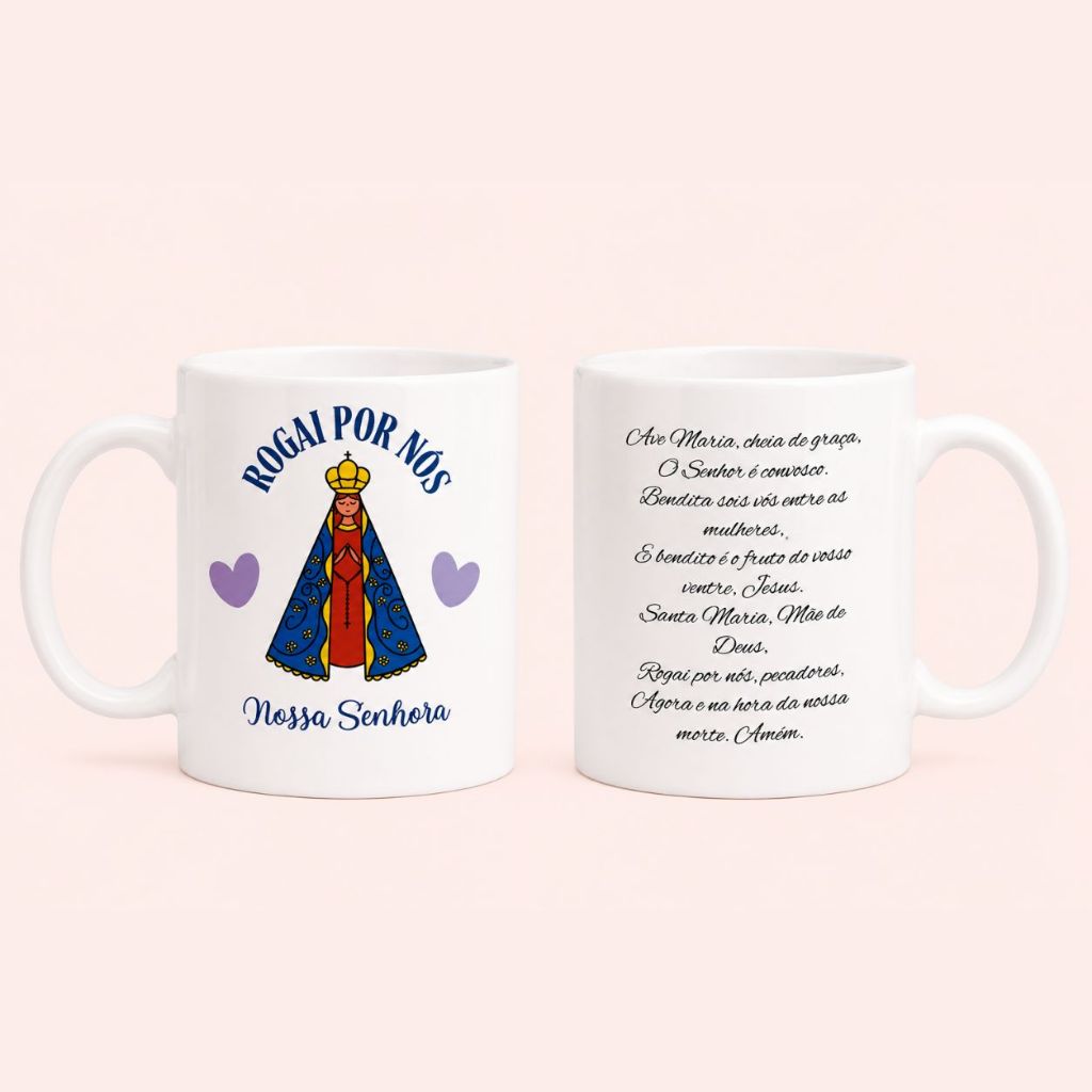 Caneca Personalizada Cerâmica Nossa Senhora Aparecida 325ml Oração Completa Presente Católico Arabella