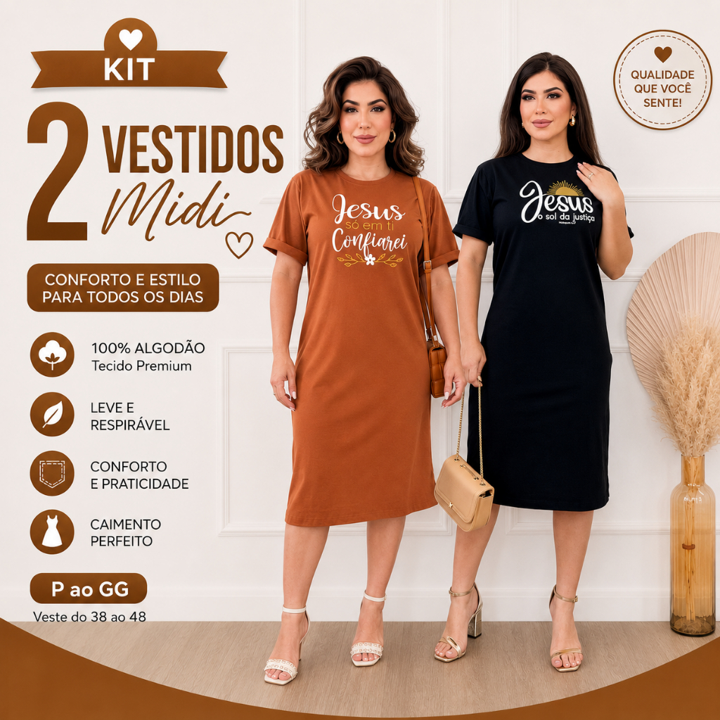 Kit 2 ou 1 Vestidos Midi Feminino 100% Algodão Premium Gola Redonda com Fenda