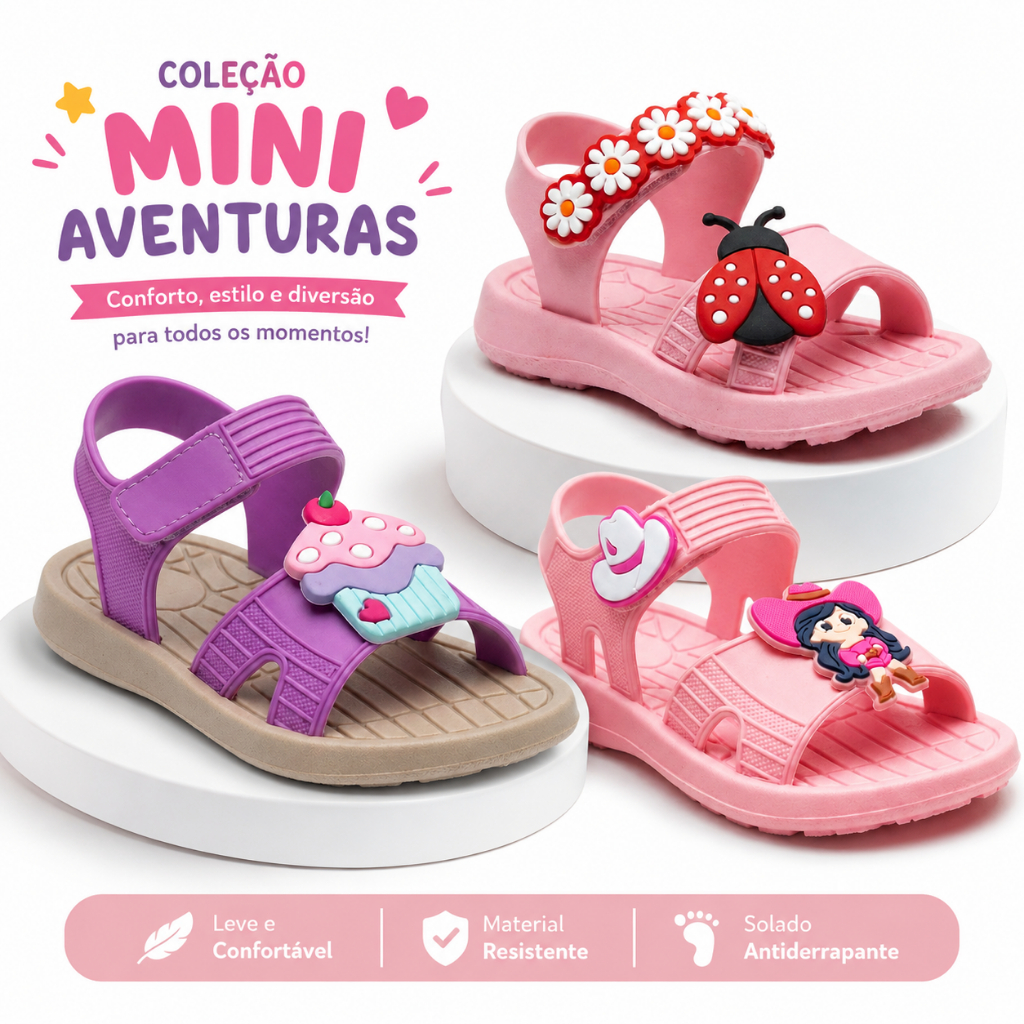 Papete Infantil Menina Sandália Antiderrapante Macia Confortável Com Velcro Personagens