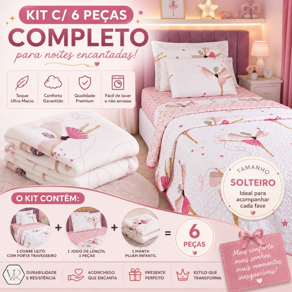Kit Colcha Cobre Leito Infantil Lencol Lençol Cama Solteiro Manta Flanela Bailarina Unicornio Princesa Astronauta 6 peça