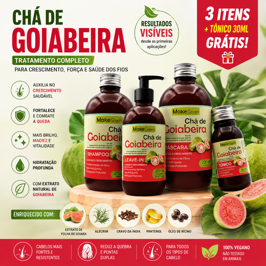 Linha Capilar Cresce Cabelo Chá de Goiabeira Make Green Shampoo 250ml Máscara 250ml Leave In e Tônico 30ml e Anti queda
