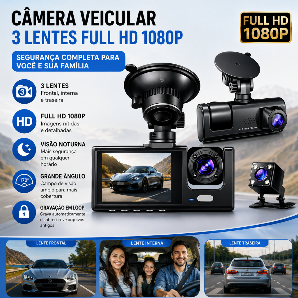 Câmera Veicular Full HD 1080p 3 Lentes (Frontal + Interna + Traseira) com Tela LCD | DVR Automotivo com
