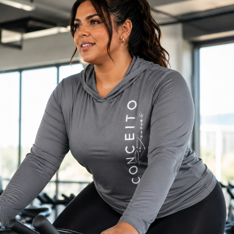 Blusa Feminina Fitness Plus Size Poliester com Capuz Manga Longa Academia, Corrida e Caminhada G1 ao G5