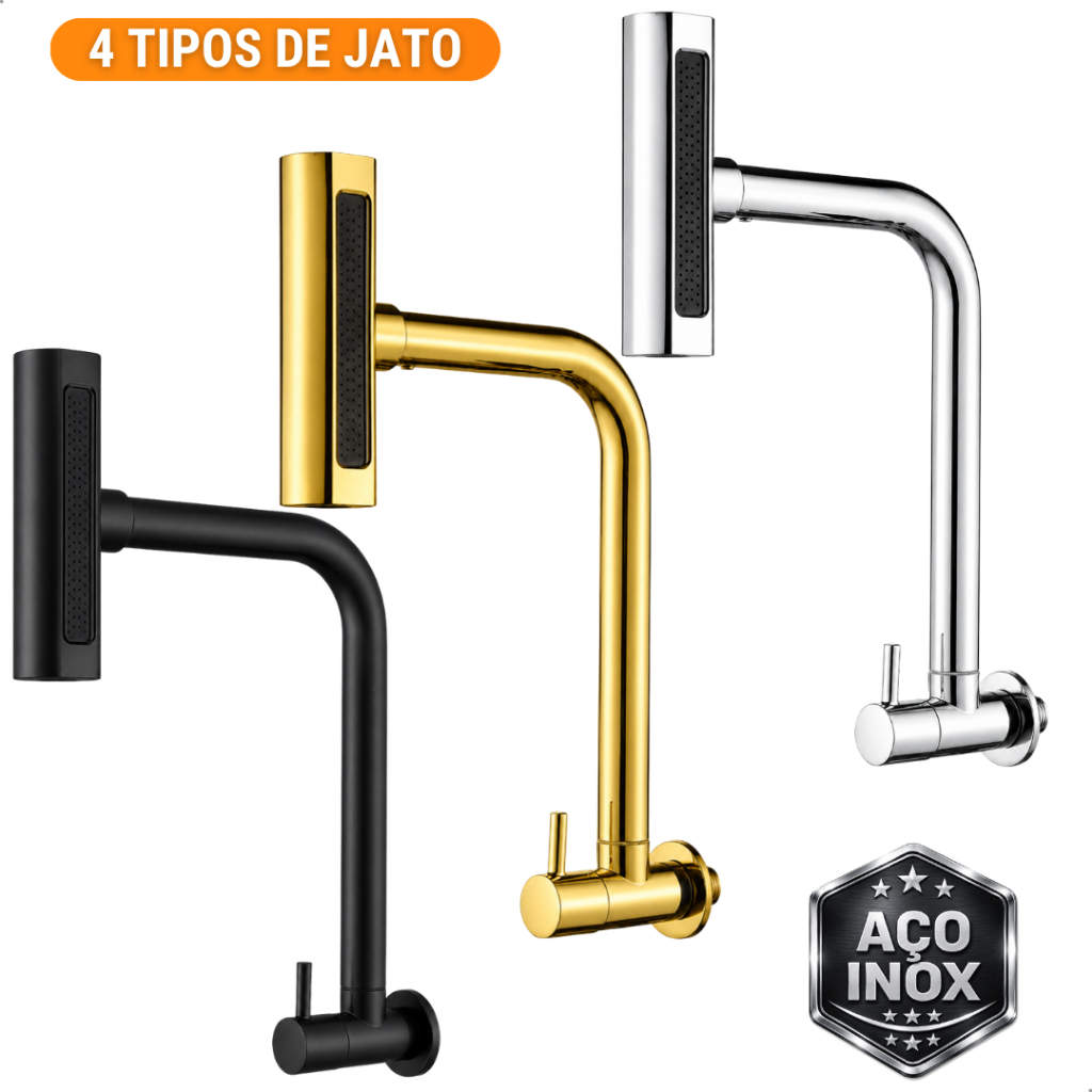 Torneira para Pia de Cozinha Gourmet de Parede 4 Jatos Bica Alta Giro 360 Preta