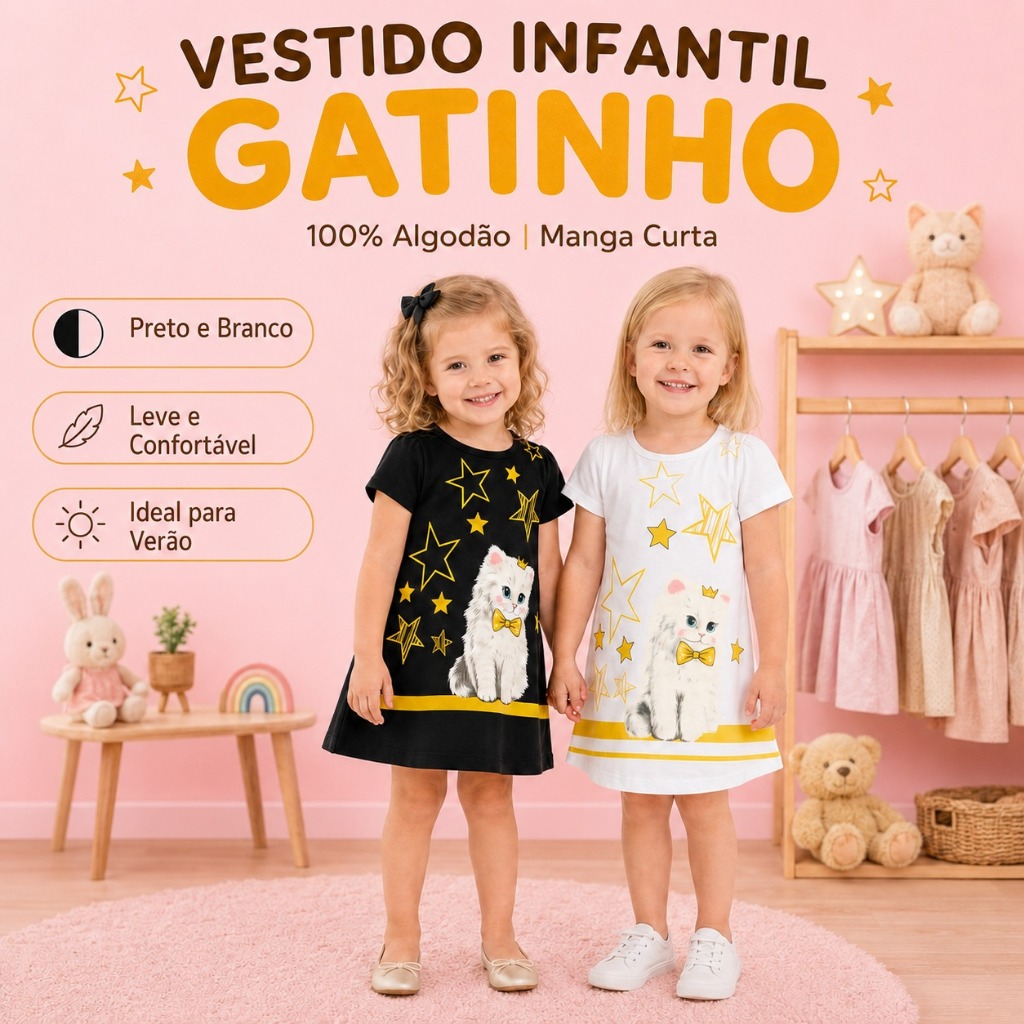 Vestido Infantil Menina Gatinho 100% Algodão Verão Manga Curta Preto Branco G ao 08 Anos
