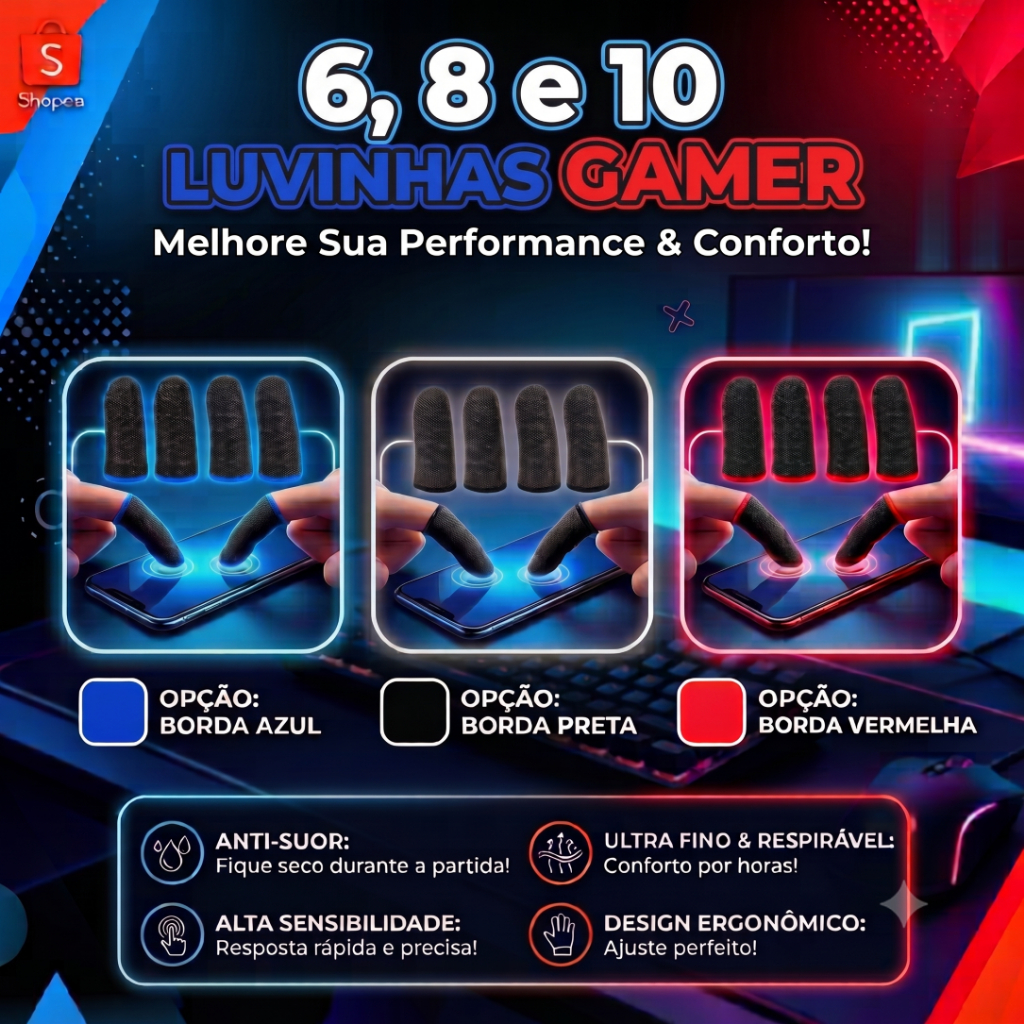 6, 8 e 10 Luva De Dedo Gamer Anti Suor Fibra De Carbono Profissional Preta Azul Vermelha Free Fire PUBG Call of Duty For