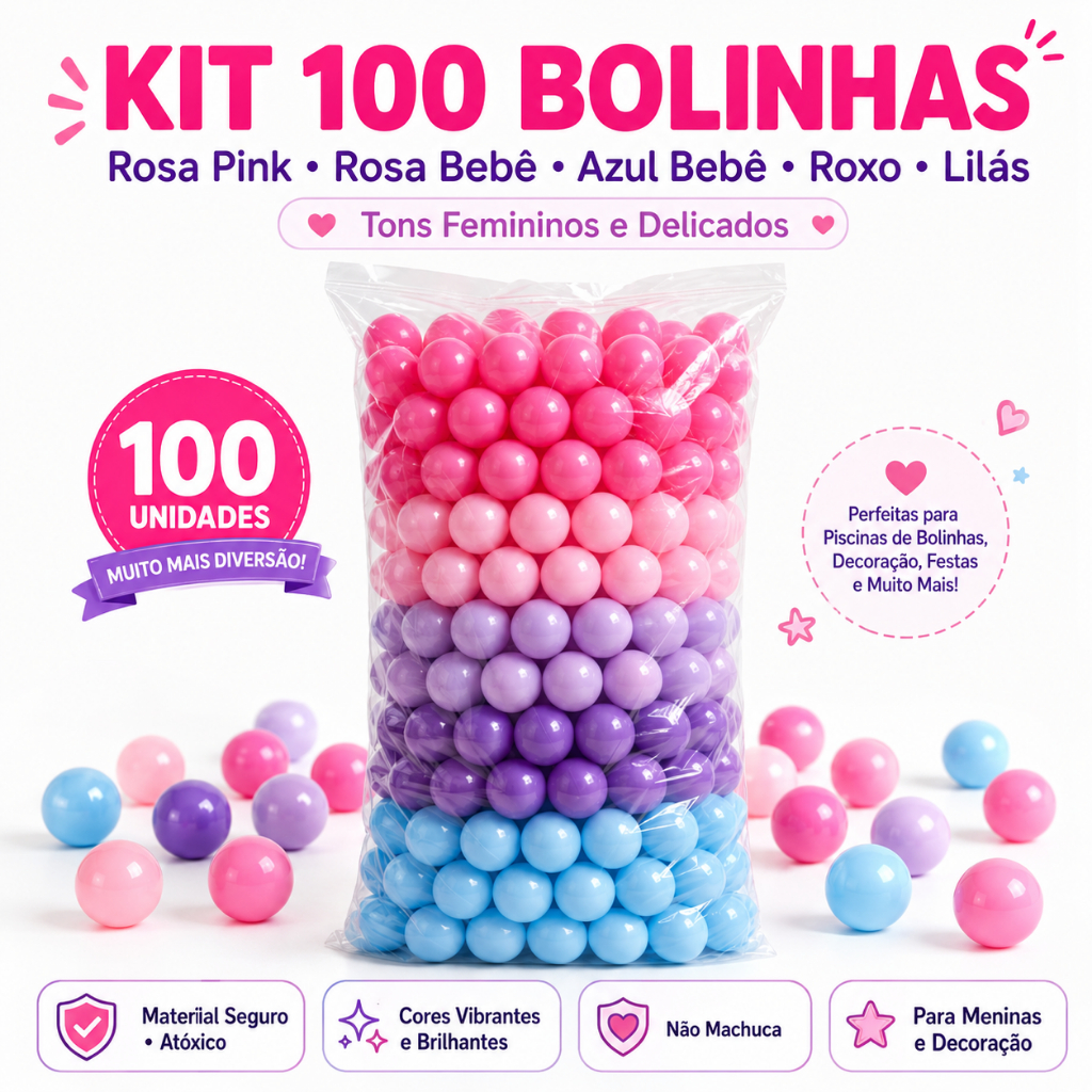 100 Bolinhas de Piscina Infantil Rosa Azul Roxo Lilás 71mm Brinquedo Criança