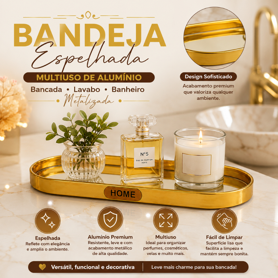 Bandeja Espelhada Multiuso De Alumínio Bancada Lavabo Banheiro Metalizada