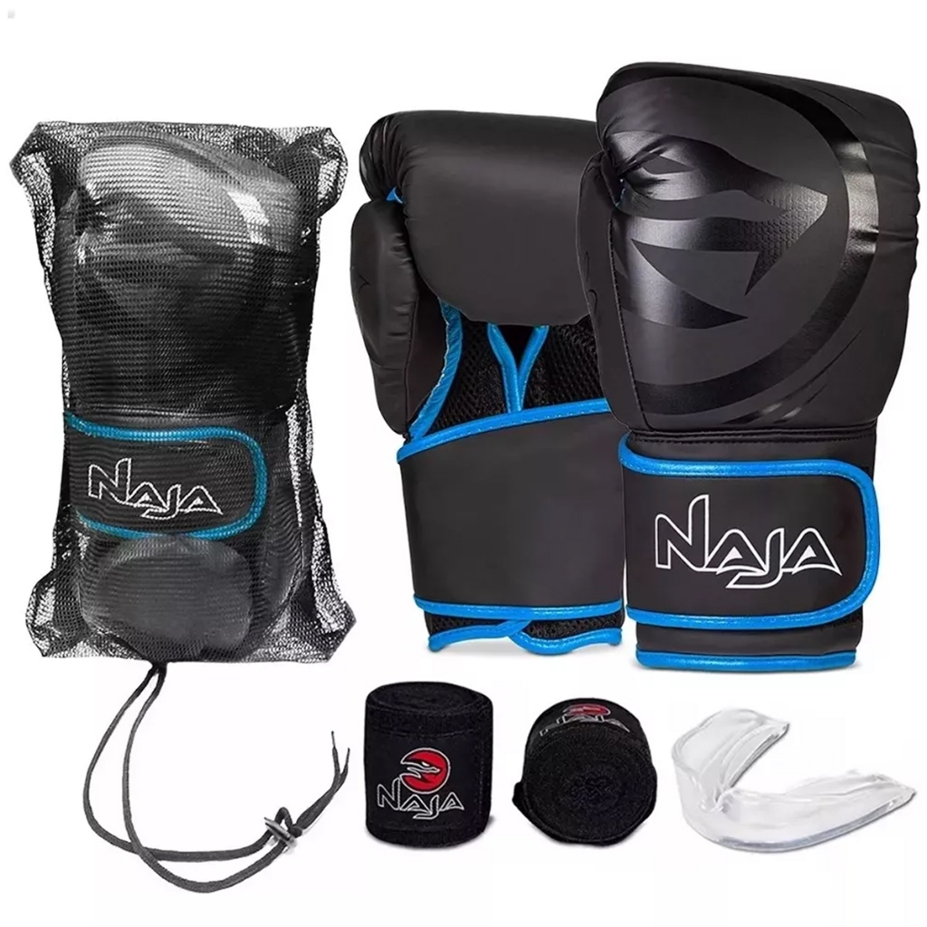 Luva Boxe e Muay Thai - Black Naja + 2 Conjuntos De Bandagem rápida 3,5m + Bucal