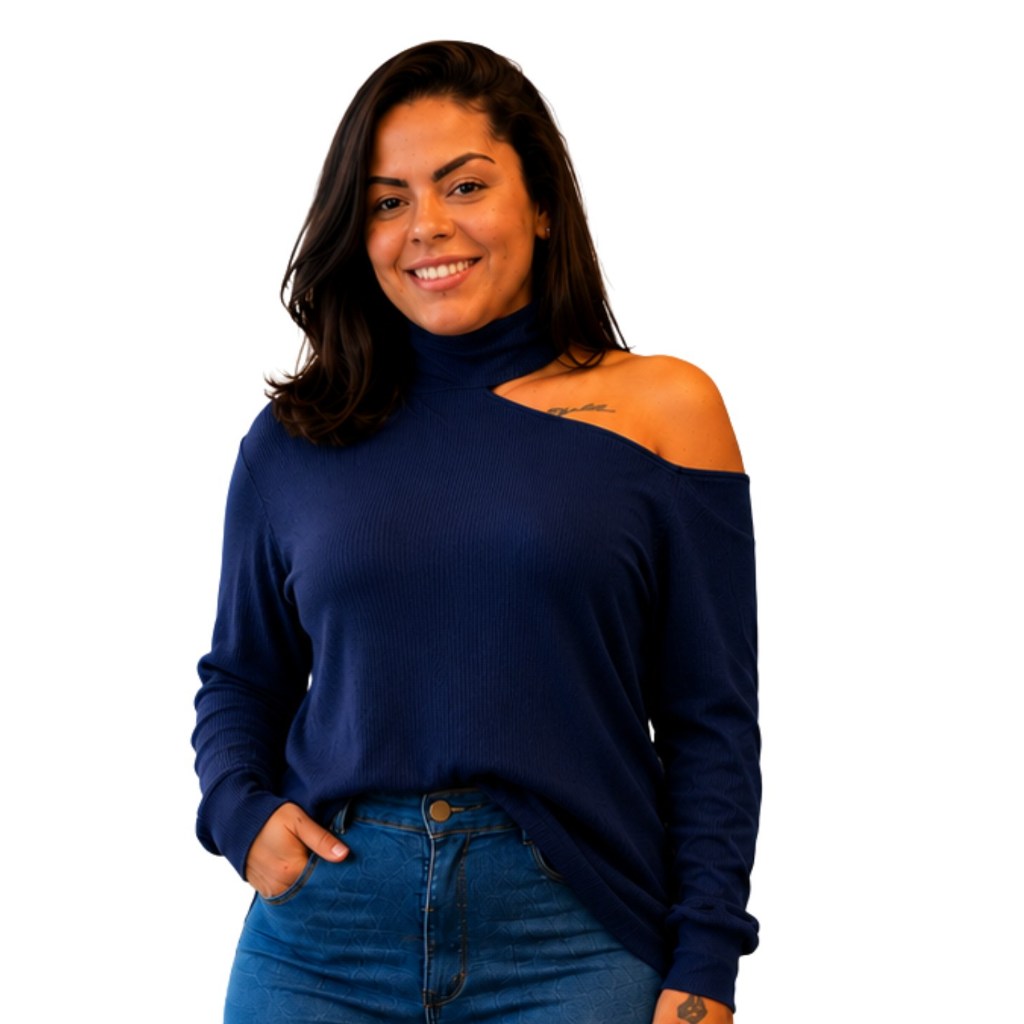 Blusa Feminina Manga Longa Gola Alta Ombro Vazado Canelada Moda Inverno  Elegante Confortável e Chic