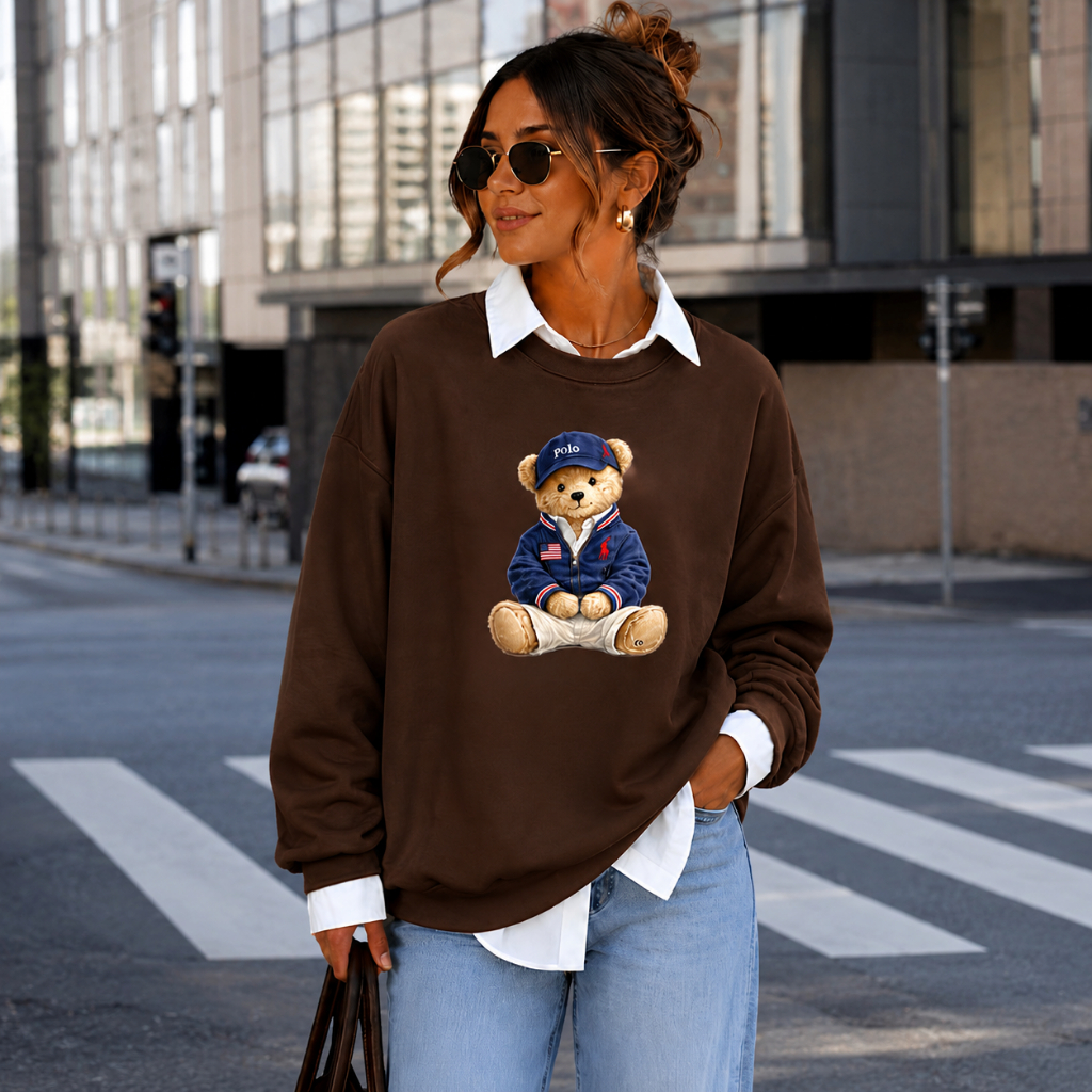 Moletom Sueter Feminino Algodão Flanelado Sem Capuz Urso Polo Bear Blusa De Frio Tendência Casual Blogueira