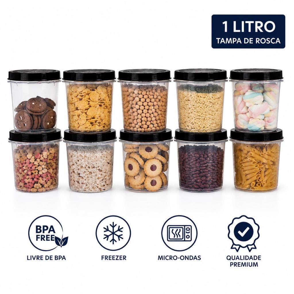 Kit  Potes Mantimentos 1 Litro Plástico Hermetico Tampa De Rosca  Organizador Cozinha