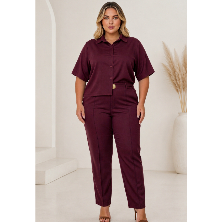 Conjunto de camisa+ calça twill plus size feminino