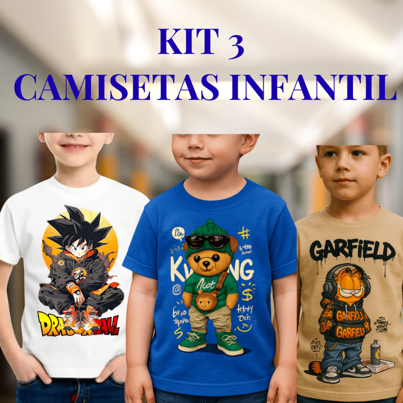KIT 3 Camisetas infantil juvenil masculina, camisa 100%algodão personagens,confortável criança