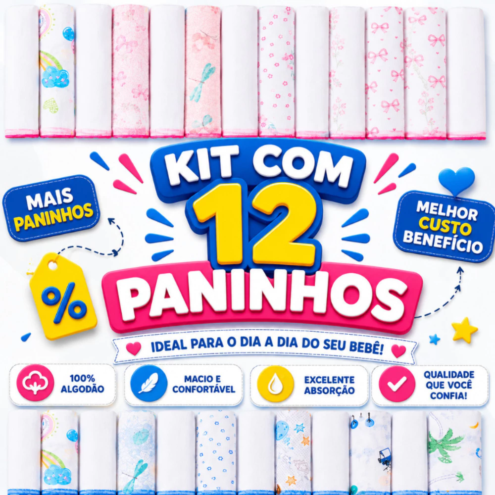 KIT 12 Pano de Boca Bebe Babete Karinho 30x30cm 100% Algodão Menino Menina