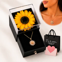 Caixa Joias Colar Girassol Banhado A Ouro Cravejado Flor Eterna Caixa Couro Presente Namorada Mulher Mae