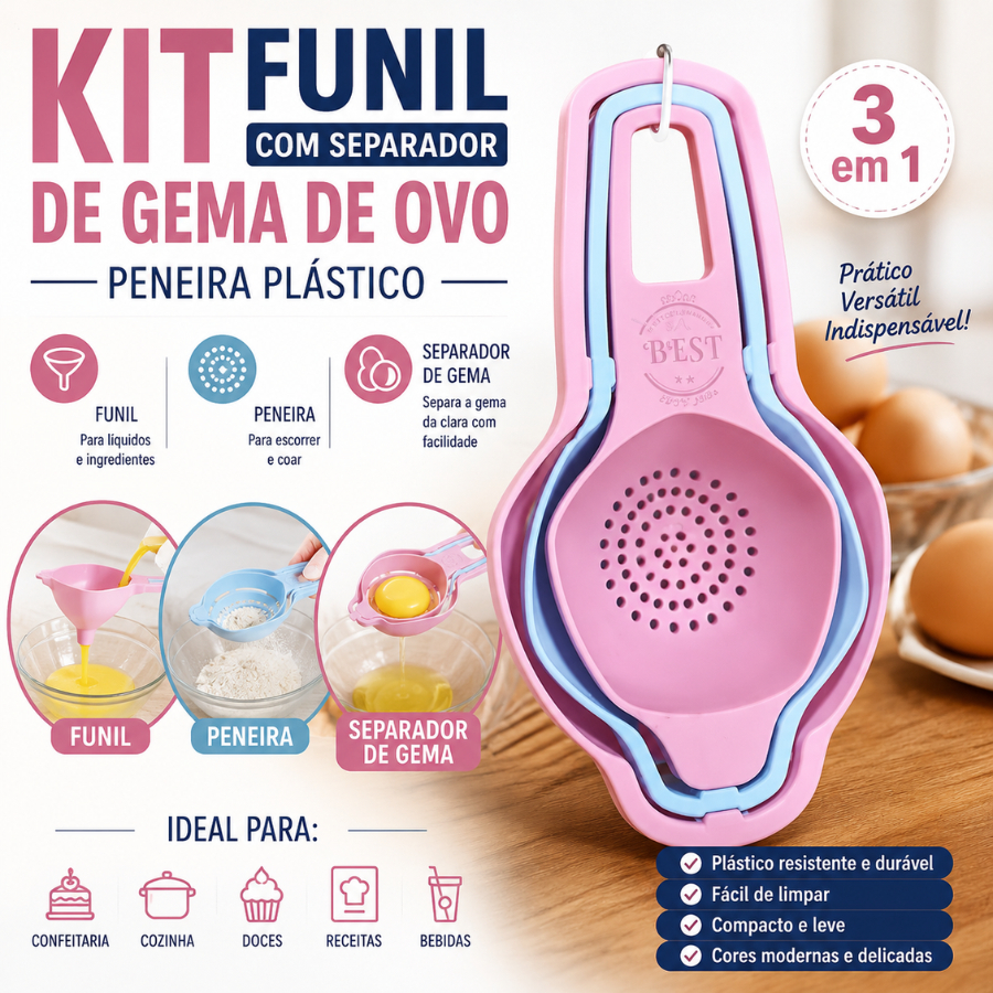 Kit Funil Com Separador De Gema De Ovo Peneira Plástico Funil 3 em 1 Utilidade Confeitaria Cozinha