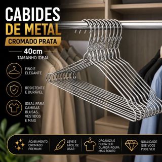 Cabides de Metal Cromado Prata 40cm Kit Cabide Fino Resistente para Camisas Blusas Vestidos Roupas