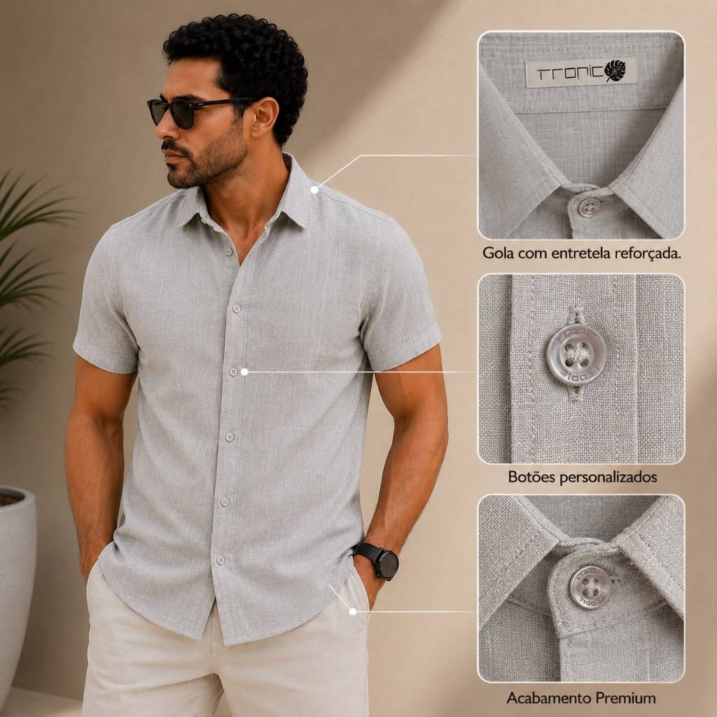 Camisa Masculina Algodão Manga Curta Social Linho Flame Slim Inverno Verão Europeu Dia dos Pais