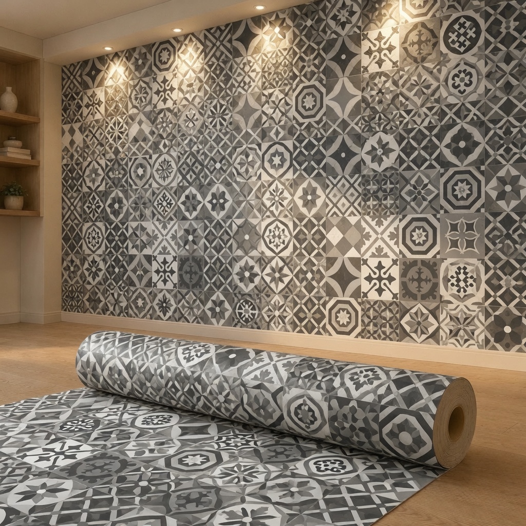 Papel de Parede Azulejo Português Retro Lavável Adesivo Cinza e Branco Traços Delicado Decoração Cozinha