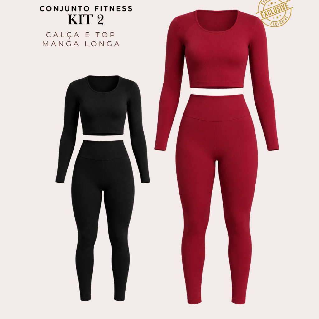 Kit 2 Conjunto Fitness Calça Legging + Cropped Top Manga Longa Feminino Suplex Premium Academia Crossfit Moda Gringa