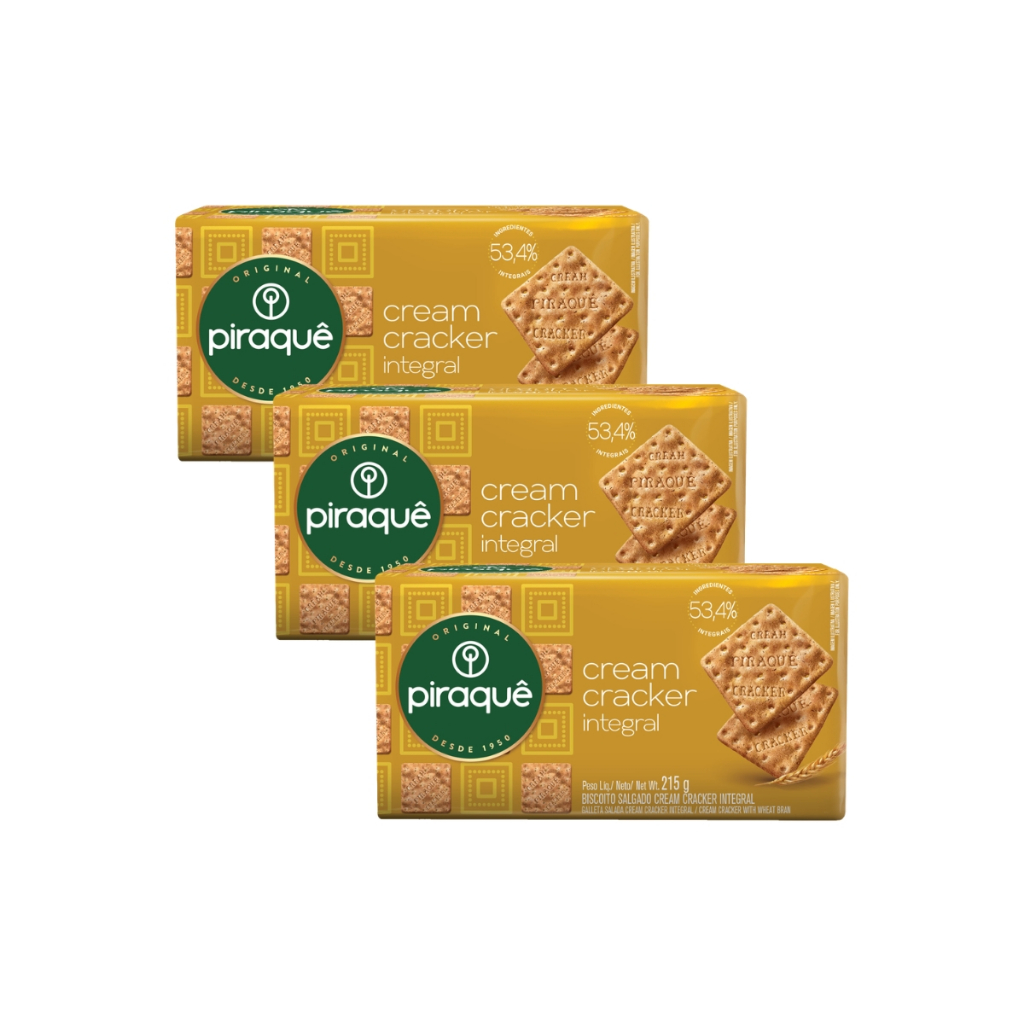 Kit 3un Biscoito Piraquê Cream Cracker Integral 215g