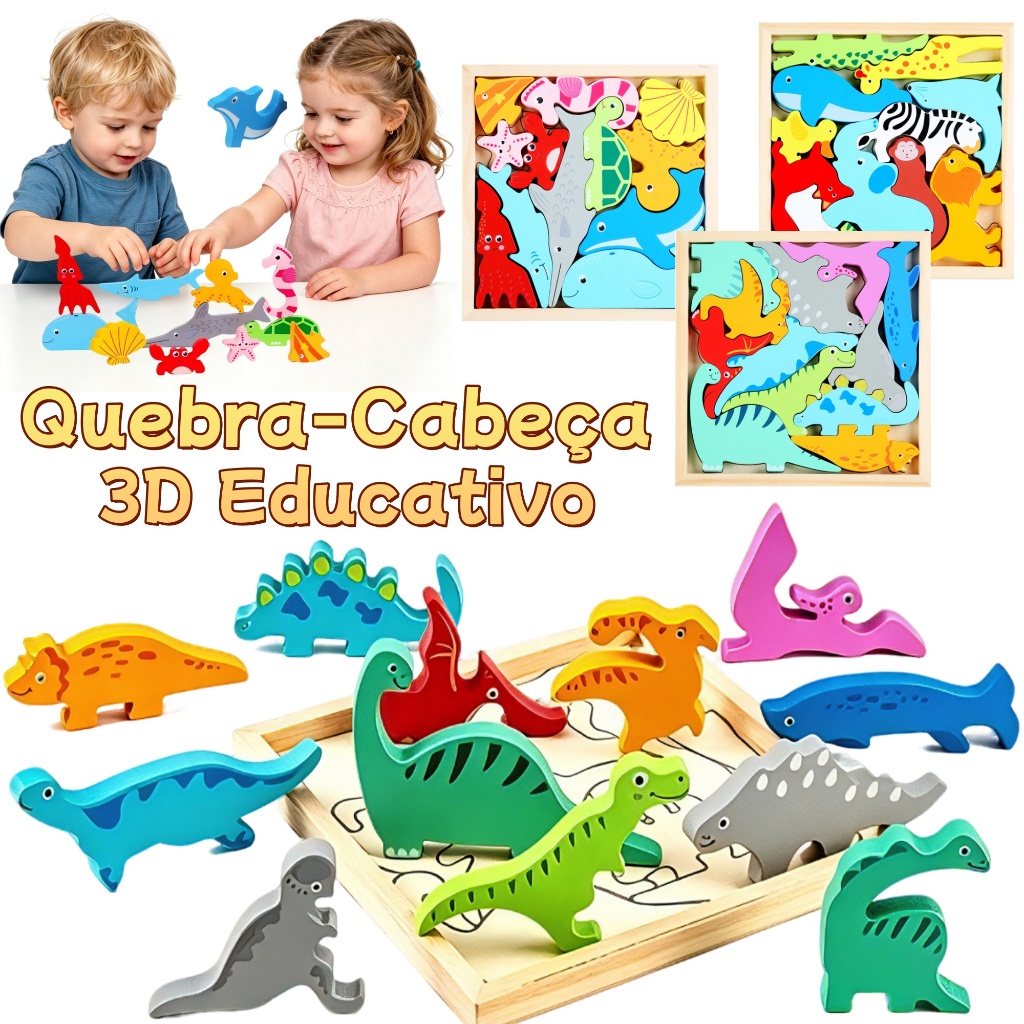 3D Quebra Cabeça de Madeira Montessori de Encaixe Dinossauro Animais e vida marinha para Bebê/Crianças