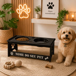Comedouro Pet Elevado para Cachorro Personalizado MDF Porta Potes Alimentação