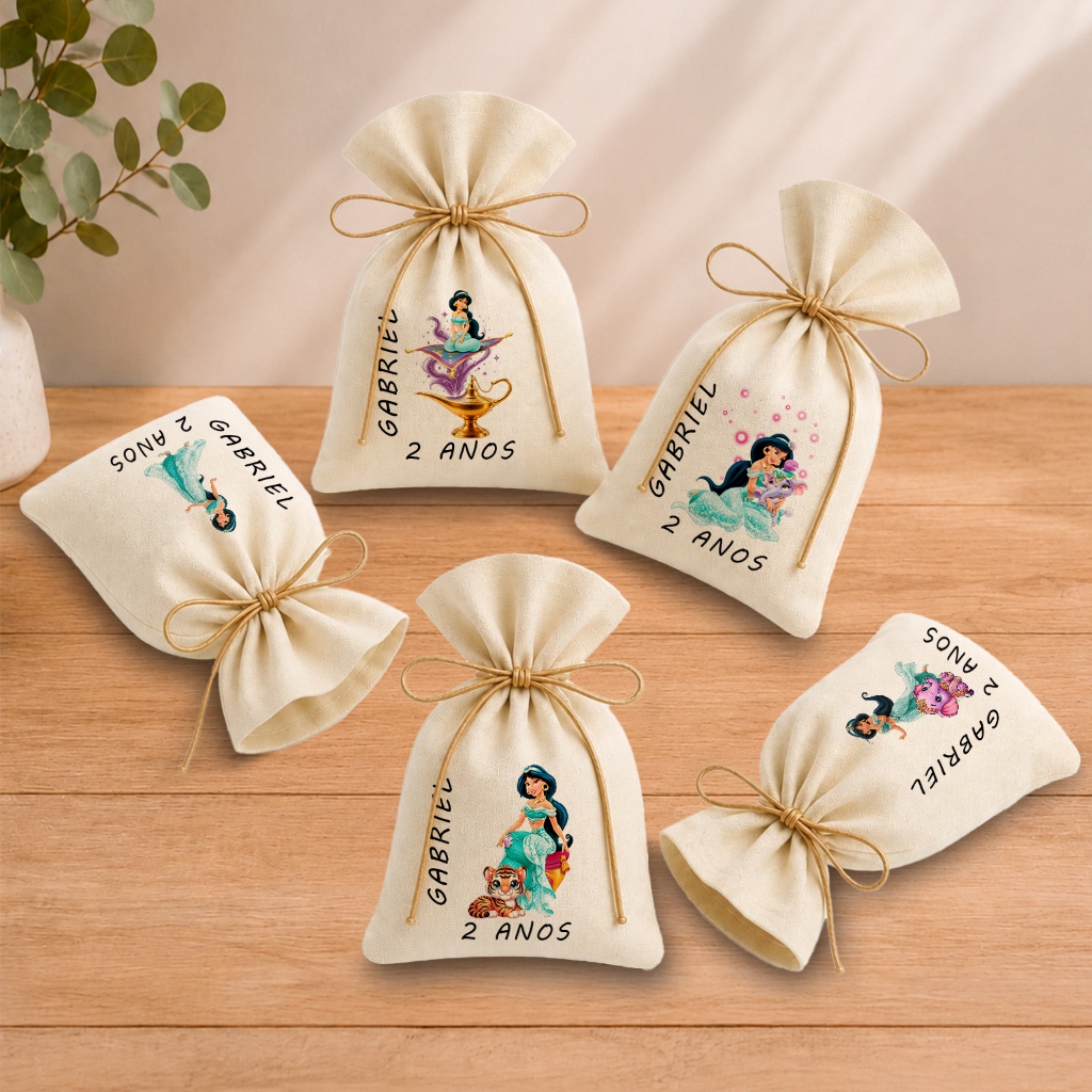 Kit 20 Saquinhos Lembrancinha Personalizada Festa Infantil Aniversário Jasmine e Aladdin 11x17