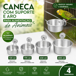 Comedouro Caneca Pássaros Alumínio com Suporte e Aro.