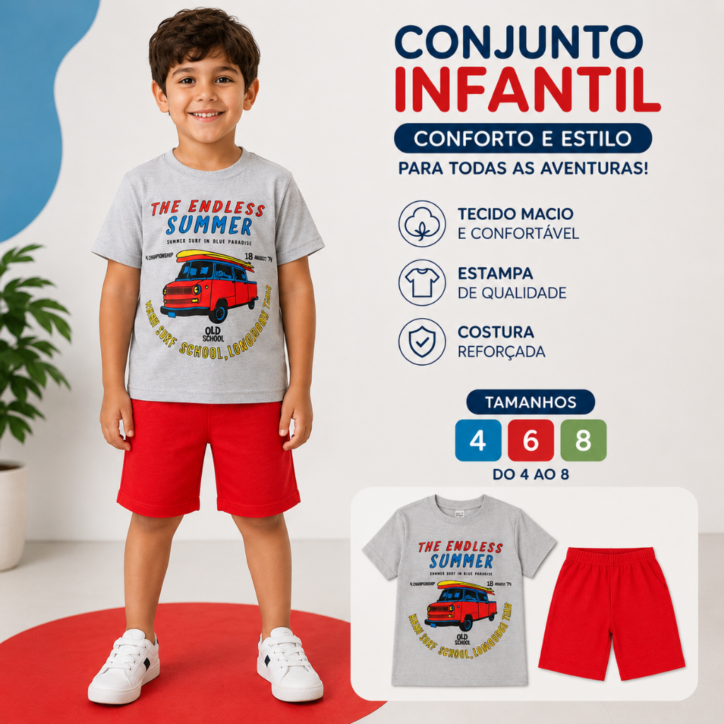 Conjunto Infantil Masculino Sortido Camiseta Estampada + Bermuda Moletinho Algodão Menino 4 ao 8