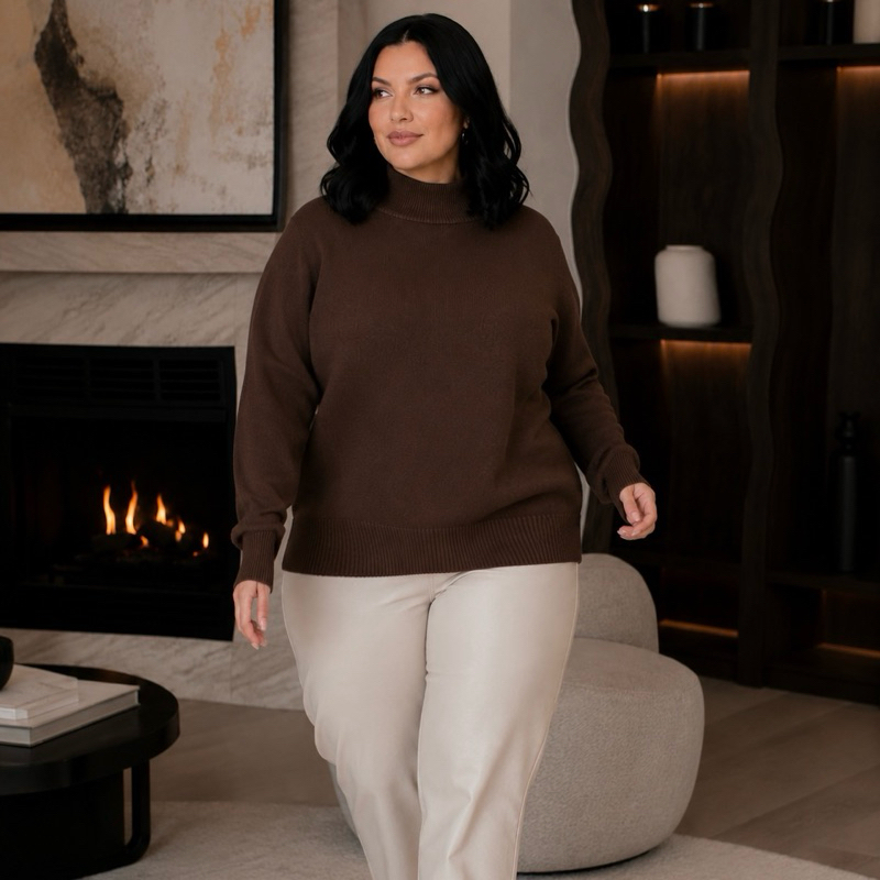 Blusa de Tricô Feminina Plus Size Gola Alta | Tricô Modal Confortável | Blusa Elegante Feminina | Moda Inverno Feminina