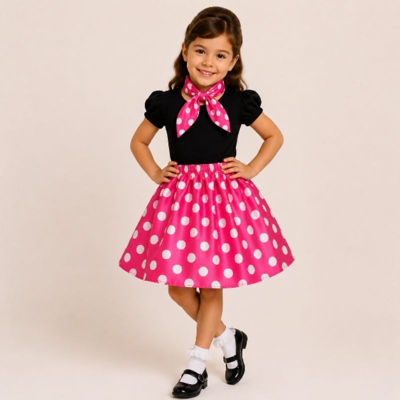 Conjunto Infantil Feminino Saia Pink de Poá + Lenço Anos 50 e 60 – Roupa Estilosa Menina Moda Blogueirinha Festa Casual