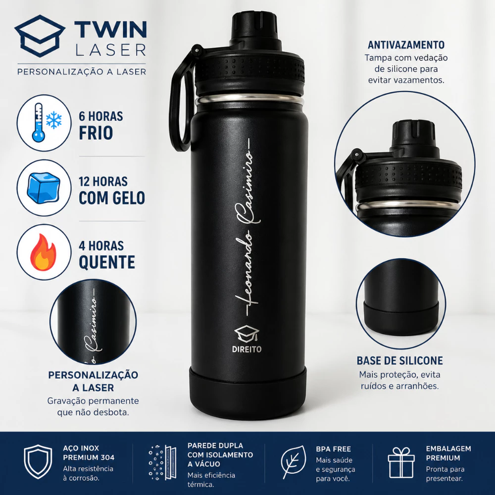 Garrafa Térmica Personalizada 600ML Inox Parede Dupla - Ideal para Academia Trabalho Viagens Presentes