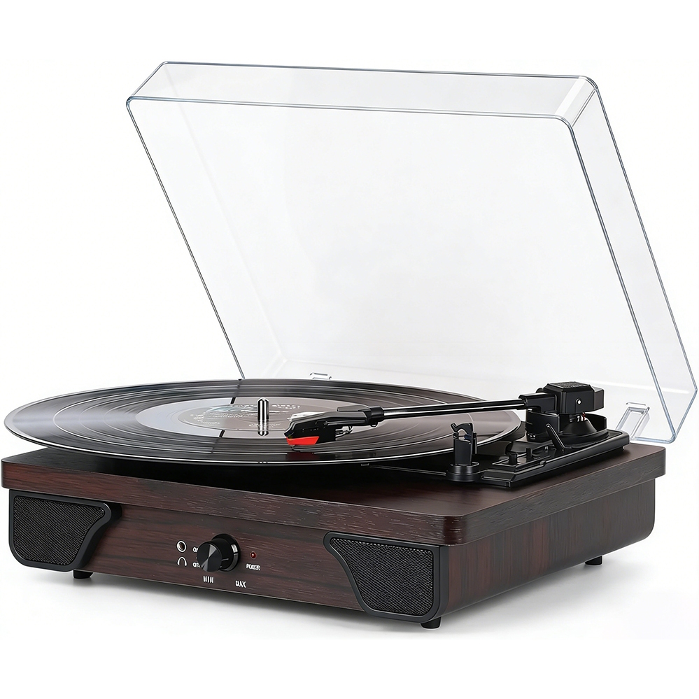Toca-discos de vinil com alto-falantes, modelo retrô, acionamento por correia, prato giratório com 3 velocidades, reprod