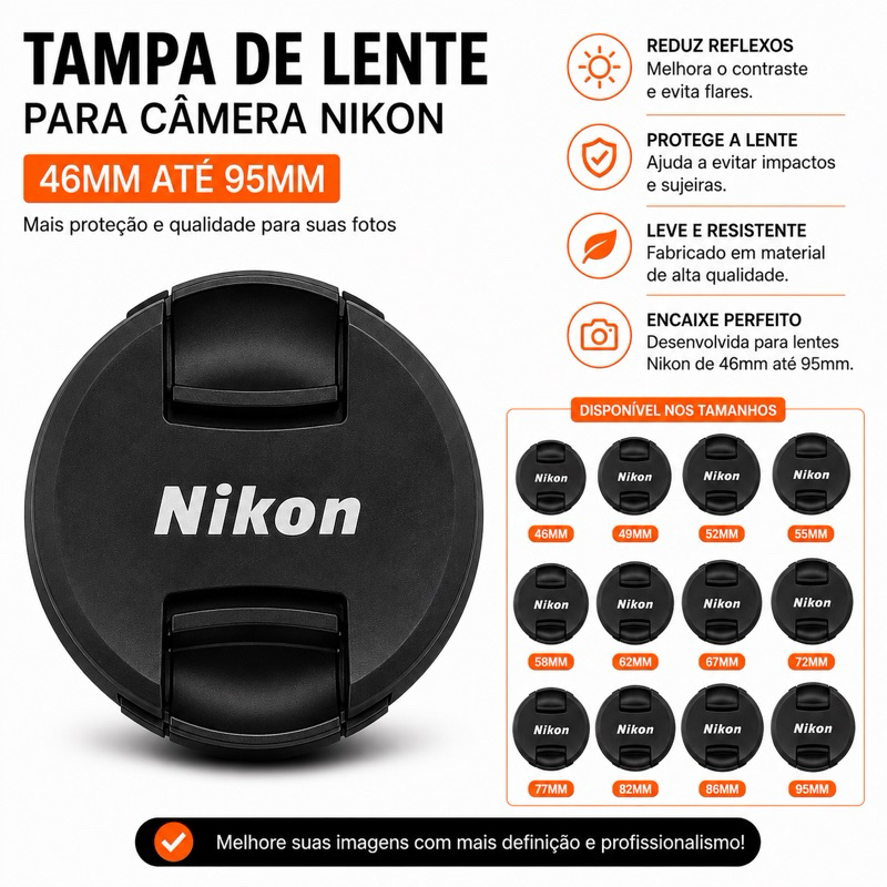 Tampinha Frontal Lente Nikon Ø 46mm Ø 49mm Ø 52mm Ø 55mm Ø 58mm Ø 77mm Tampa para lentes DSLR EF EF-s