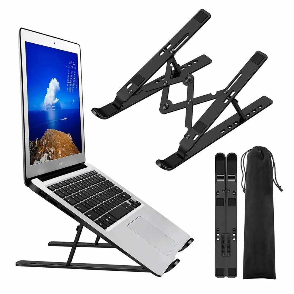 Suporte Para PC Notebook Alumínio Portátil Articulado Dobrável Tablet Laptop Mesa Cor Preto