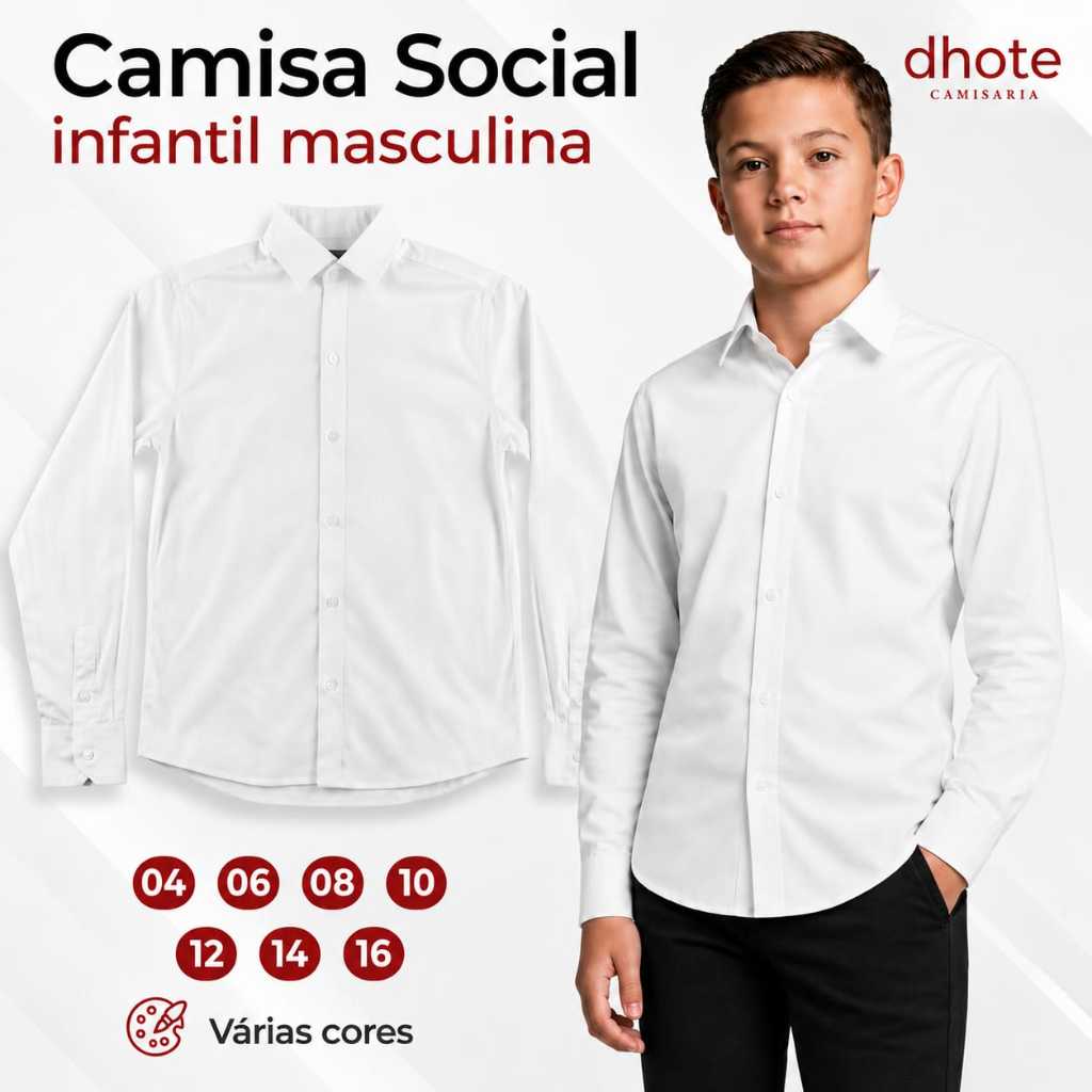 Camisa Branca Infantil Social Masculina Algodão de Botão