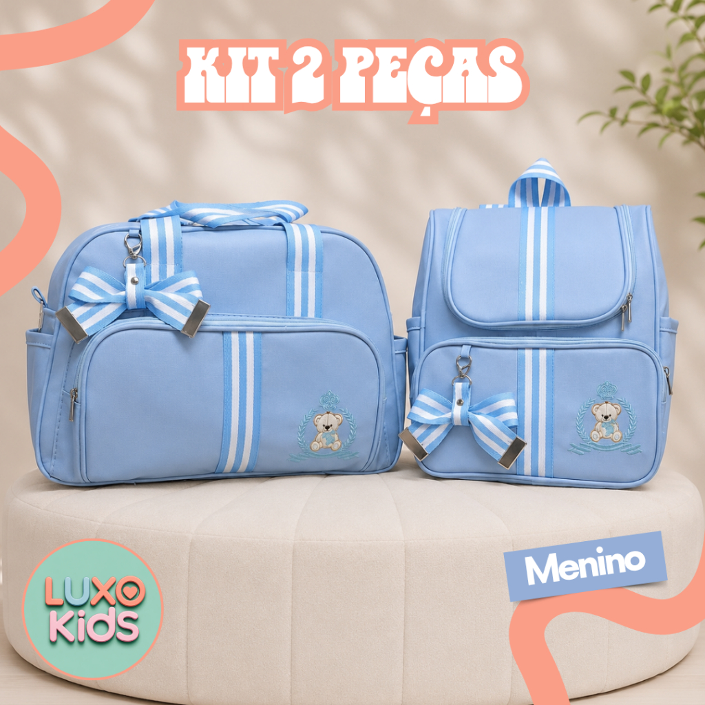 Kit Bolsa de Bebê e Mochila Maternidade Urso Azul Claro